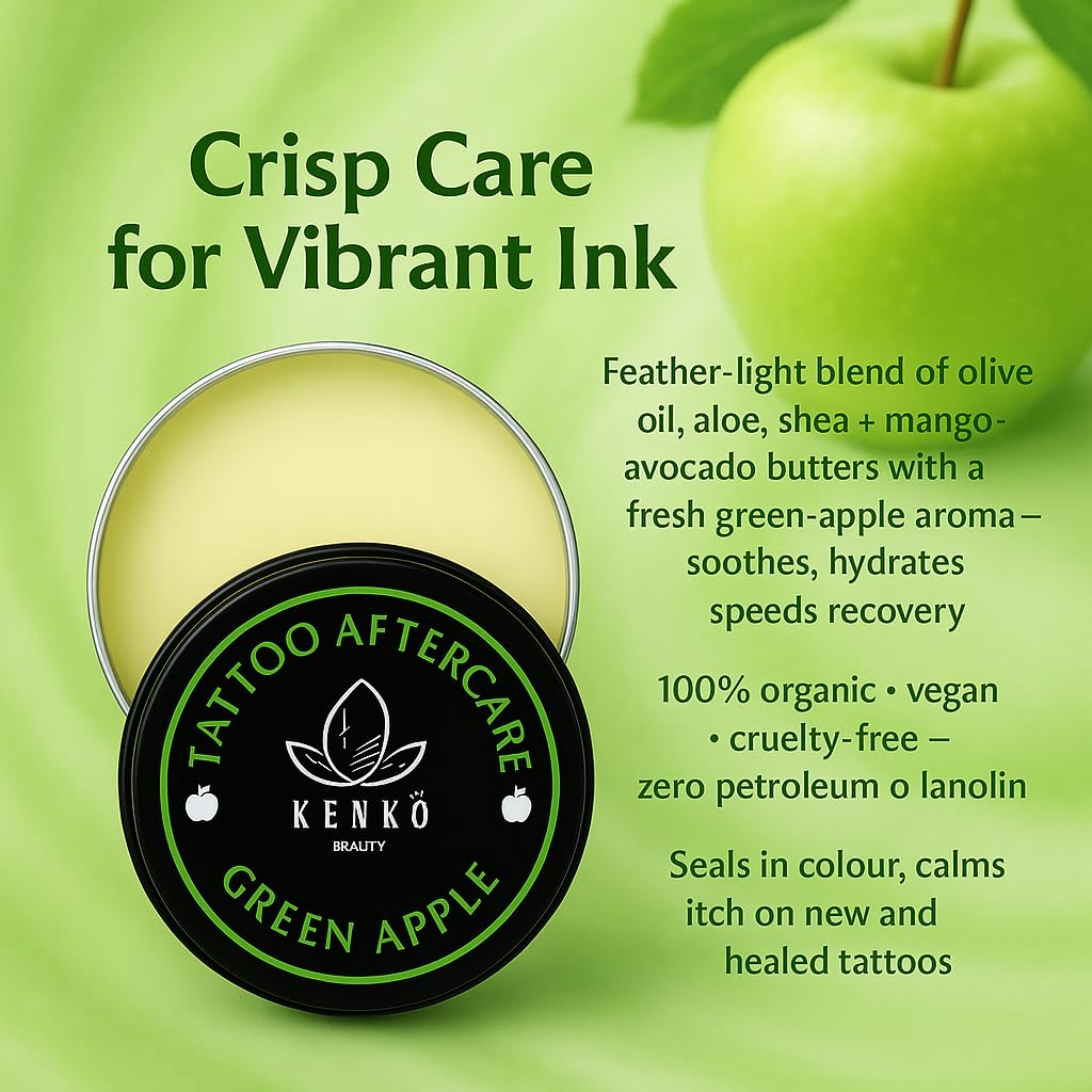 Kenko Beauty Tattoo Aftercare 30g | Keeps Tattooed Skin Hydrated & Bacteria Free! | Vegan and Organic Tattoo Cream (Green Apple)