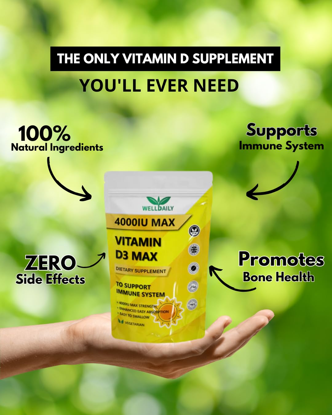 Well Daily Vitamin D3 - D3 Vitamin 4000 Lu | 360 Tablets Max Vitamin D3 | Easy to Swallow High Strength Muscle & Bone Support Tablets | Halal & Kosher Vegan Tablets for Regulate Blood, Heart Function