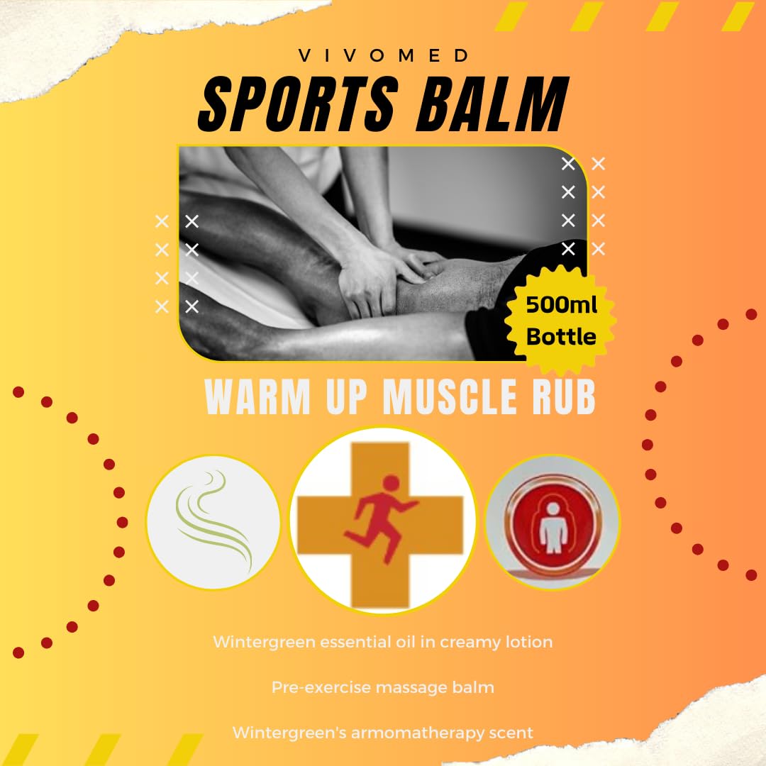 Vivomed Sports Massage Balm – Warming Muscle Heat Up Rub for Pre-Exercise Relief & Recovery | Arnica & Helianthus Oil Lotion | 500ml Warm Up Cream for Joint Pain, Muscle Aches, Injury Prevention