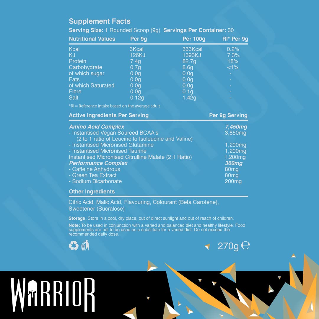Warrior Supplements Warrior Amino Blast BCAA Powder Amino Acids 270g - Energy Burst 30 Servings, P33877