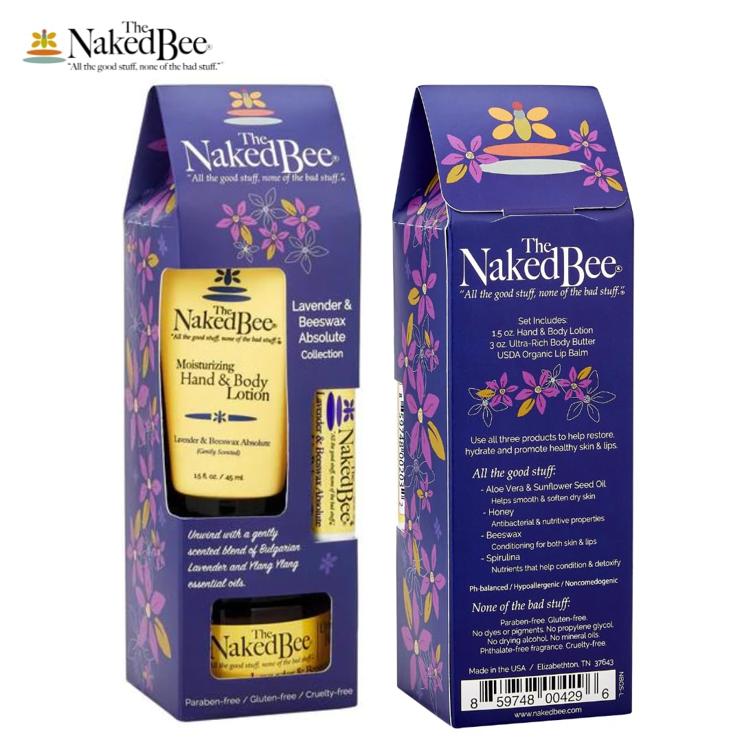 The Naked Bee Lavender & Beeswax Gift Collection. Body Butter, Body Lotion & Lip Balm Gift Set. Moisturising Body Care & Body Skin Care Collection. Moisturising Body Skincare Womens Gift Sets.