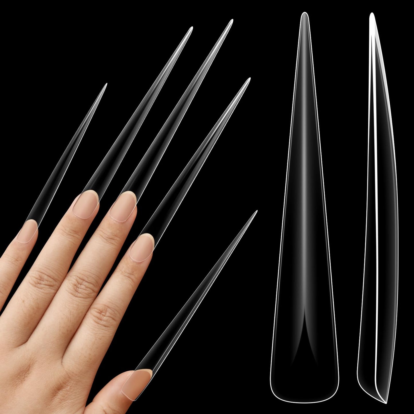 NOVO OVO Extra Super Extreme Long Stiletto Nail Tips, 5XL XXXXXL Clear Full Cover French Tips False Fake Nail Extension, Sharp Fishbone Arrow Head Nails for Professional Acrylic 120 pcs 12 Sizes