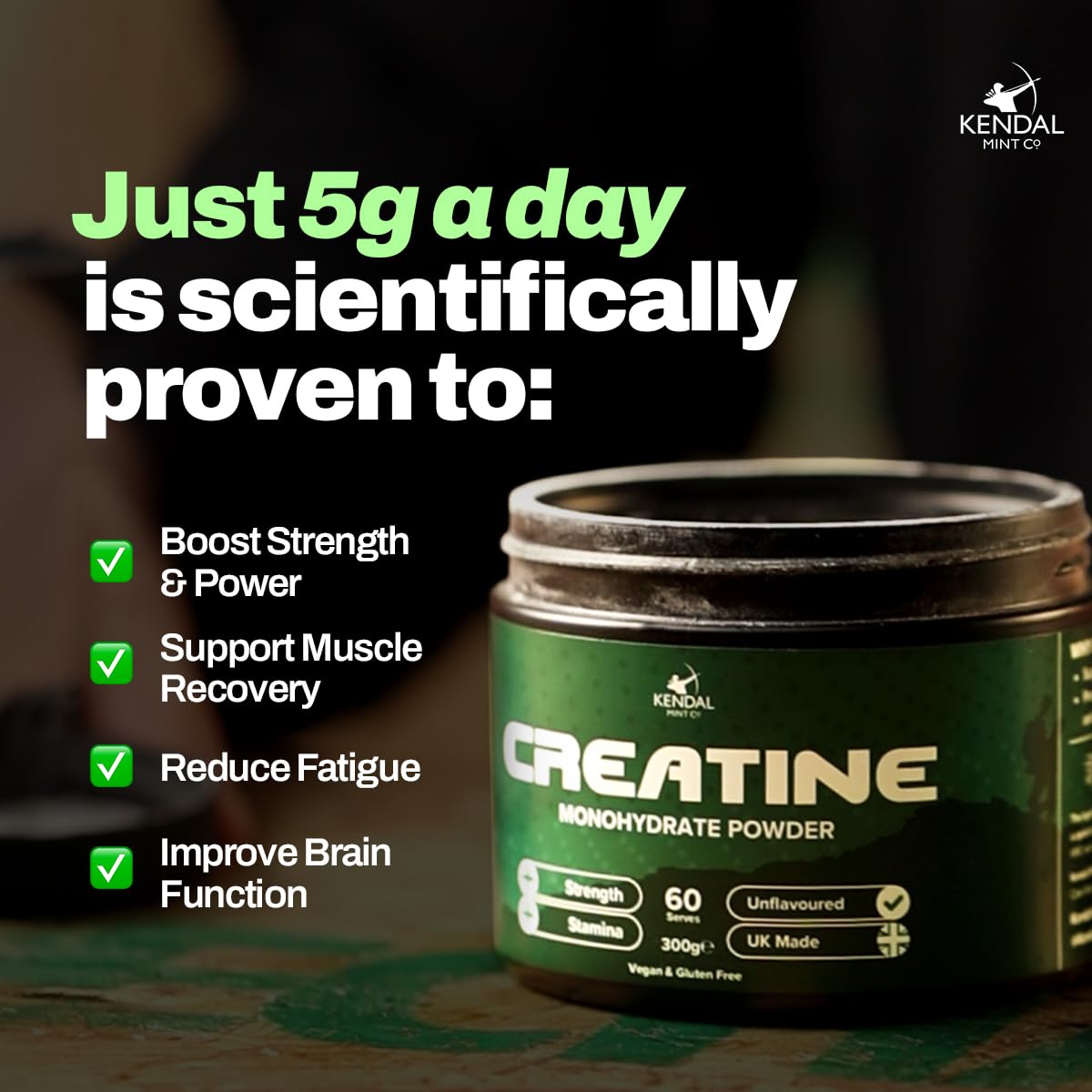 Kendal Mint Co. KMC Creatine Monohydrate Powder, 100% Pure UK Made, 300g, 60 Servings, 5g serving, Unflavoured, Easy Mix, Vegan Gluten Free -Supplement for performance, strength workouts & cognition by Kendal Mint Co