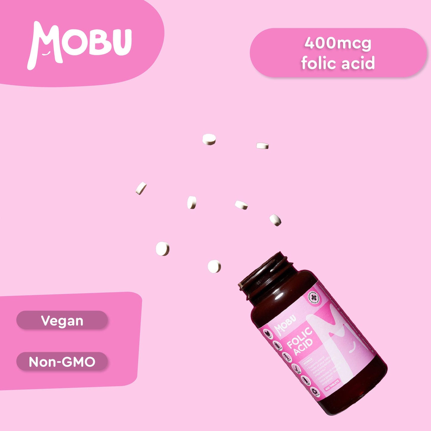Folic Acid 400mcg - 400 Vegan Vitamin B9 Tablets - Pregnancy Support - Normal Function of Immune System & Tiredness and Fatigue Support - UK Made - MOBU