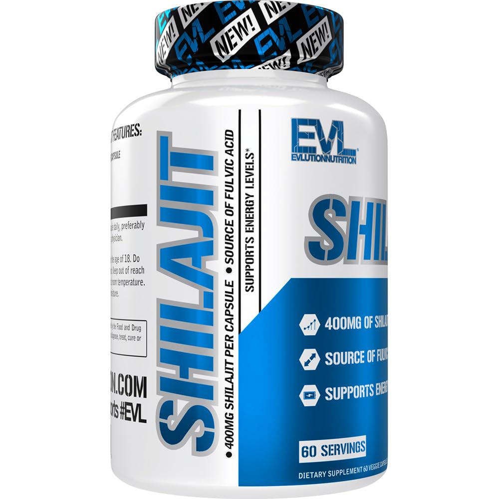 Evlution Nutrition Shilajit - Energy Support - 400mg Shilajit Extract - Fulvic Acid Supplement - Vegetarian Capsules - for Workout Performance - 60 Servings