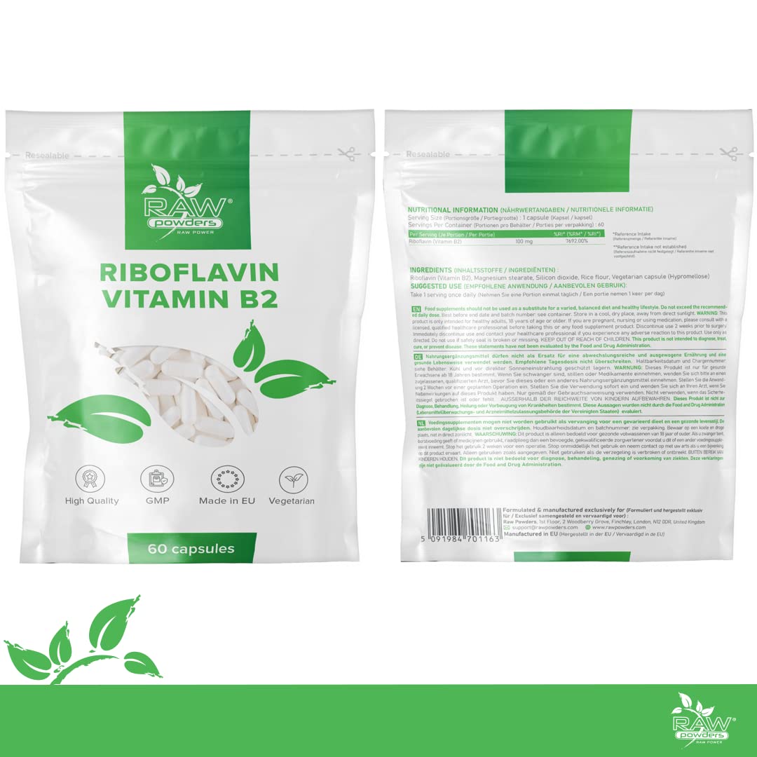 Riboflavin 100 mg 60 Tablets High Strength - Vegan Vitamin b2 riboflavin Supplement - Non-GMO & Gluten-Free - Helps with Tiredness and Fatigue, Supports Energy Levels by Raw Powders