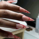NICENEEDED 24 PCS Long Stiletto Press on False Nails, Almond Red Stripe Full Cover Glue on Fake Nails, Glossy Acrylic Stick on Artificial Nails for Women and Grils