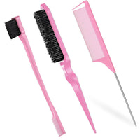 Pubiao Hair Brush Set 3 Piece, Boar Bristle Brush for Smoothing Frizz-Free, Edge Control Brush for Flyaways, Rat Tail Comb for Sectioning Teasing – Salon Styling Kit