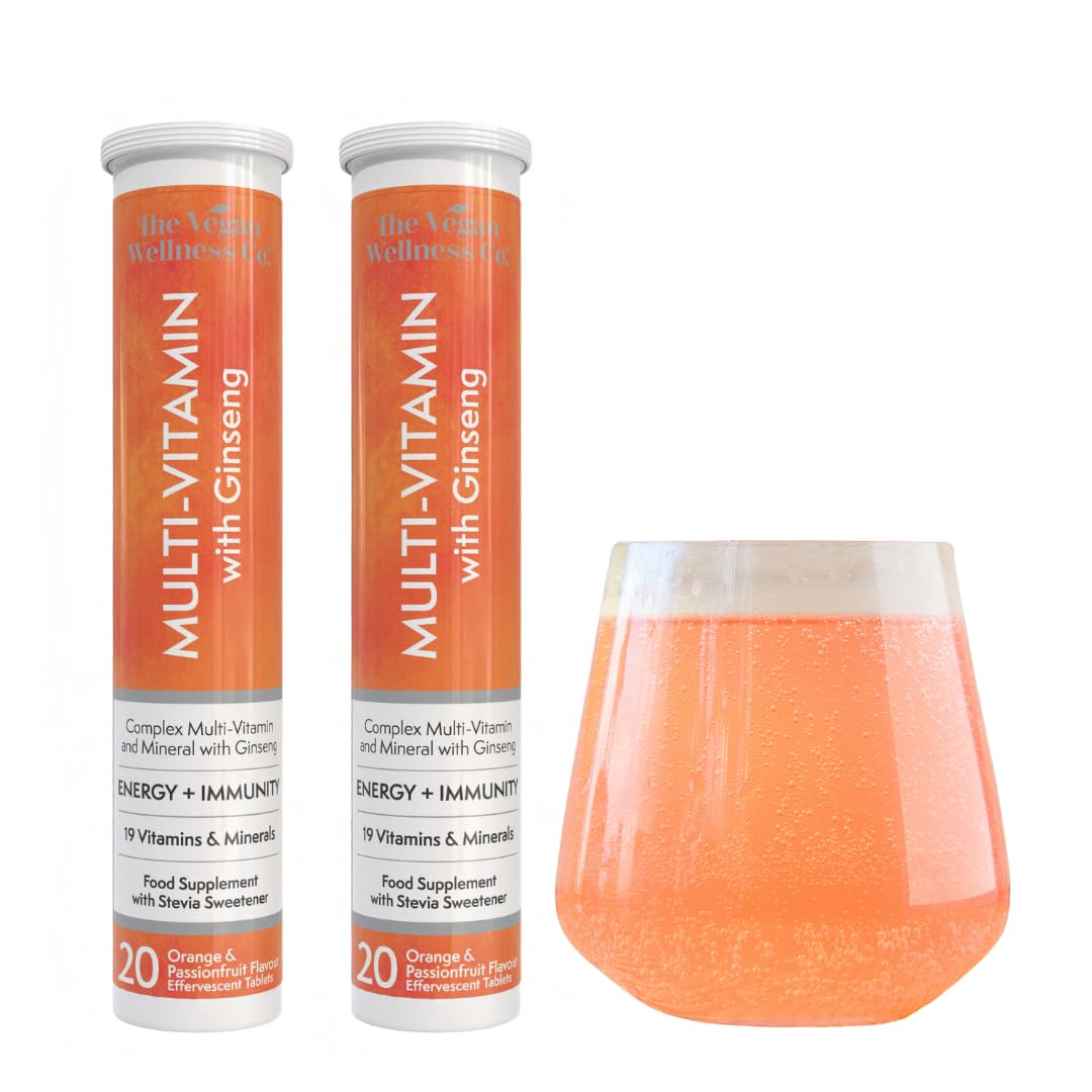 The Vegan Wellness Co. Multivitamin with Ginseng, 19 Nutrients for Energy + Immunity, 40 Effervescent Tablets - Orange and Passionfruit Flavour