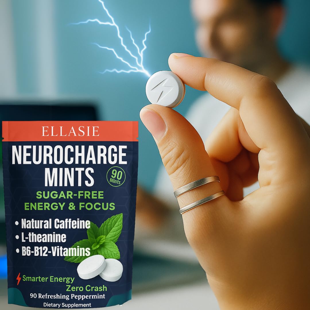 ELLASIE NeuroCharge Energy & Focus Gum (Peppermint, 90 Pieces) | 80mg Natural Caffeine + L-Theanine + Vitamin B12 & B6 | Sugar Free Nootropic Cognitive Brain Performance Supplement
