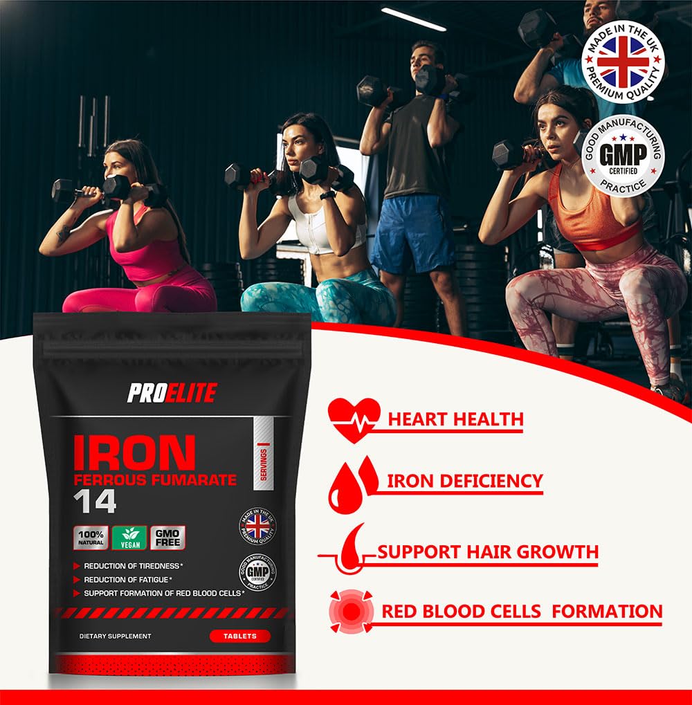 Iron Tablets High Strength 14mg - 365 Tablets - Vegan Iron Energy Tablets for Tiredness and Fatigue - High Absorption Iron Supplements for Women and Men - Made in The UK by PROELITE