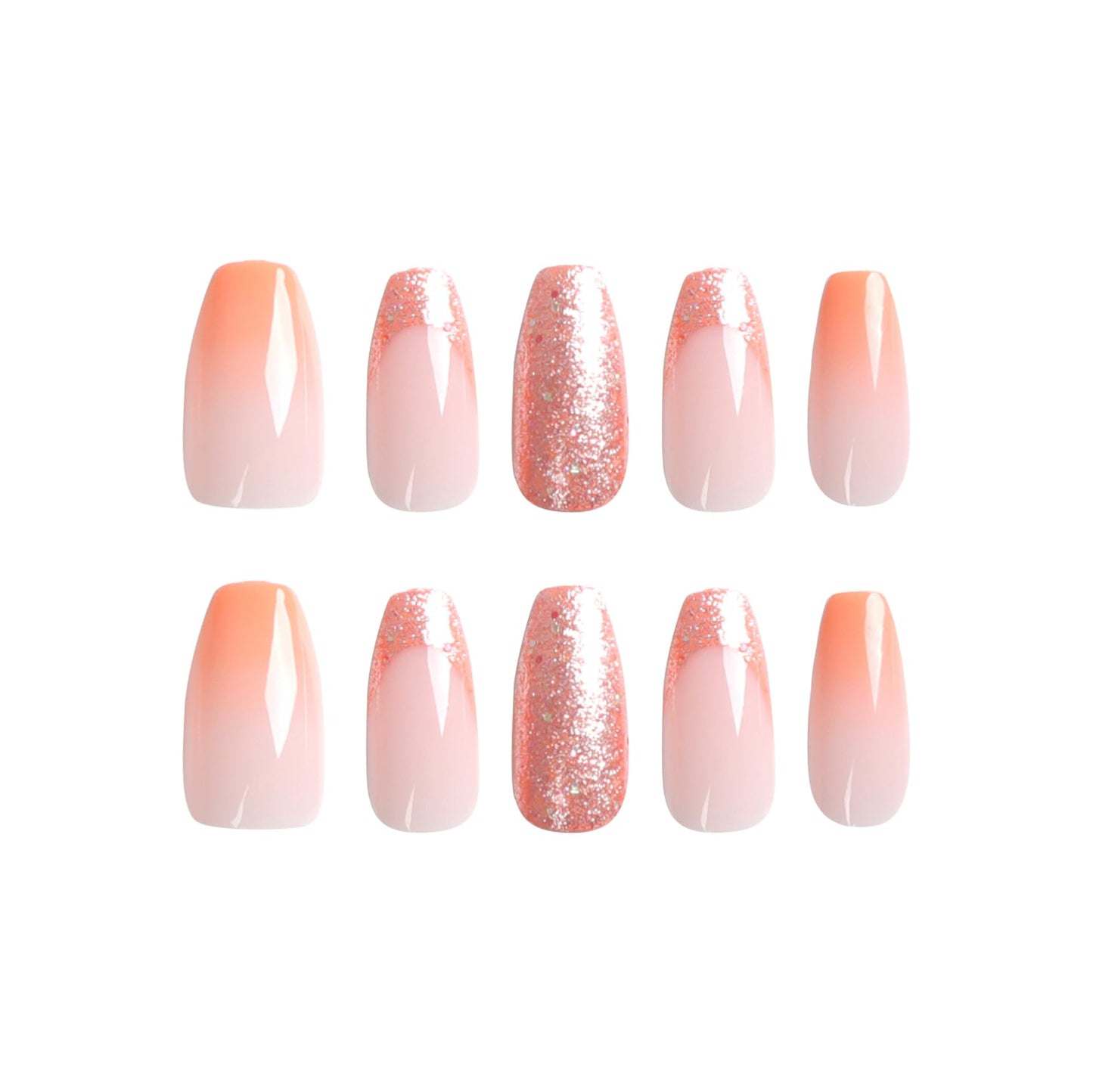 Albiuev 24PCS Medium False Nails with Glue Stickers,Coffin Full Cover Acrylic Nails Press on Nails no Glue,Orange Gradient Glitter French Fake Nails Stick on Nails for Women and Girls Nail Art.