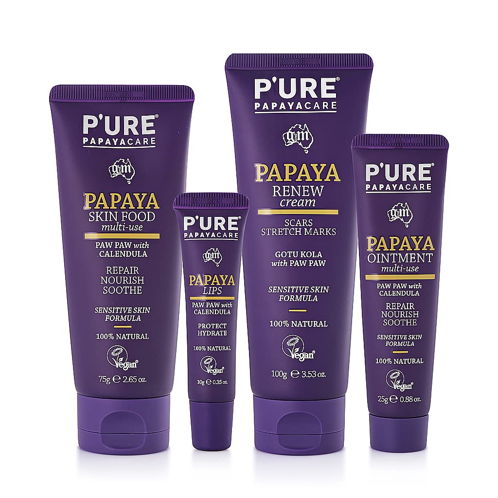 P'URE PAPAYA CARE Renew Cream 100ml - Stretch Mark Cream & Scar Treatment - Vegan Moisturiser - Paw Paw Papaya Enzymes, Gotu Kola, Shea Butter, Australian Jojoba Oil for Skin - Natural Skincare