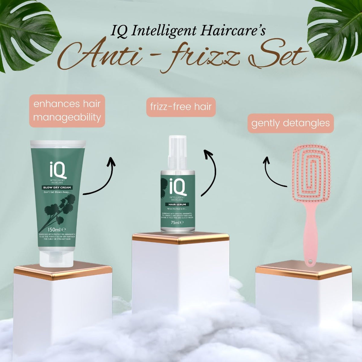 DCF Success IQ Haircare Essentials - IQ Hair Serum (75ml) for Nourishing Hydration, IQ Intelligent Blow Dry Cream (150ml) for Professional-Grade Styling, and a Detangling Hair Brush for Smooth, Tangle-Free Hair