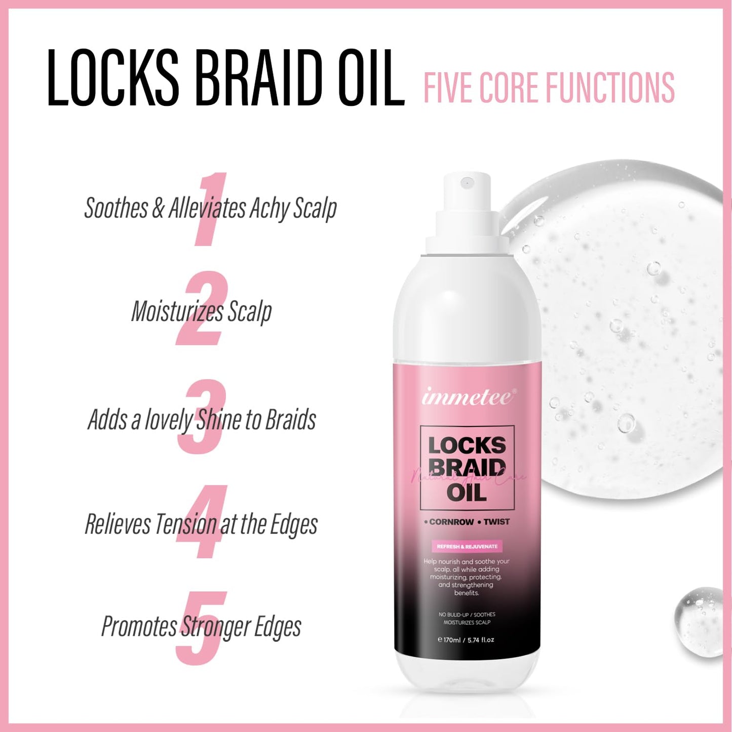 immetee Locks Braid Oil, Refreshes Dry & Itchy Scalp, Braid Oil for Braids, Locks, Twists, Cornrows, Promotes Stronger Edges & Adds Shine to Braids. 170ml/5.74fl oz