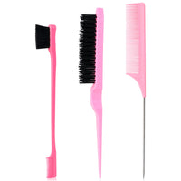 sularpek Sularpek 3 Pcs Slick Brush Set, Plastic Bristle Hair Brush Teasing Comb Edge Hair Brush Teasing Brush Set, Rat Tail Comb Double Sided Edge Brush, for Hairdresser Women Baby Children (Pink)