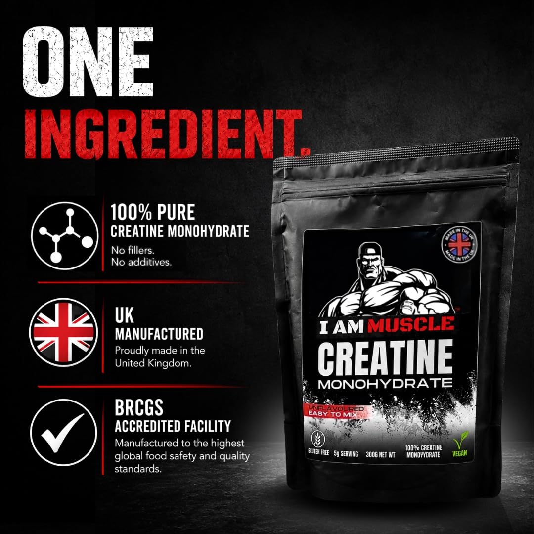 I AM MUSCLE Creatine Monohydrate Powder 300g | 100% Pure Creatine Monohydrate | Unflavoured | 60 Servings | 5000mg Per Serving | Supports High-Intensity Exercise Performance | Vegan