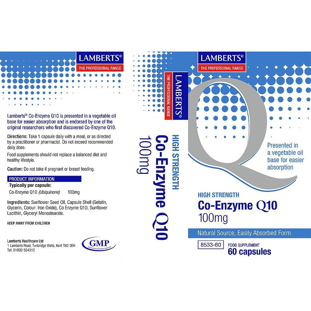 Lamberts Co-Enzyme Q10 100mg – Natural Ubiquinone in Oil-Based Formula for Optimal Absorption – 60 Capsules