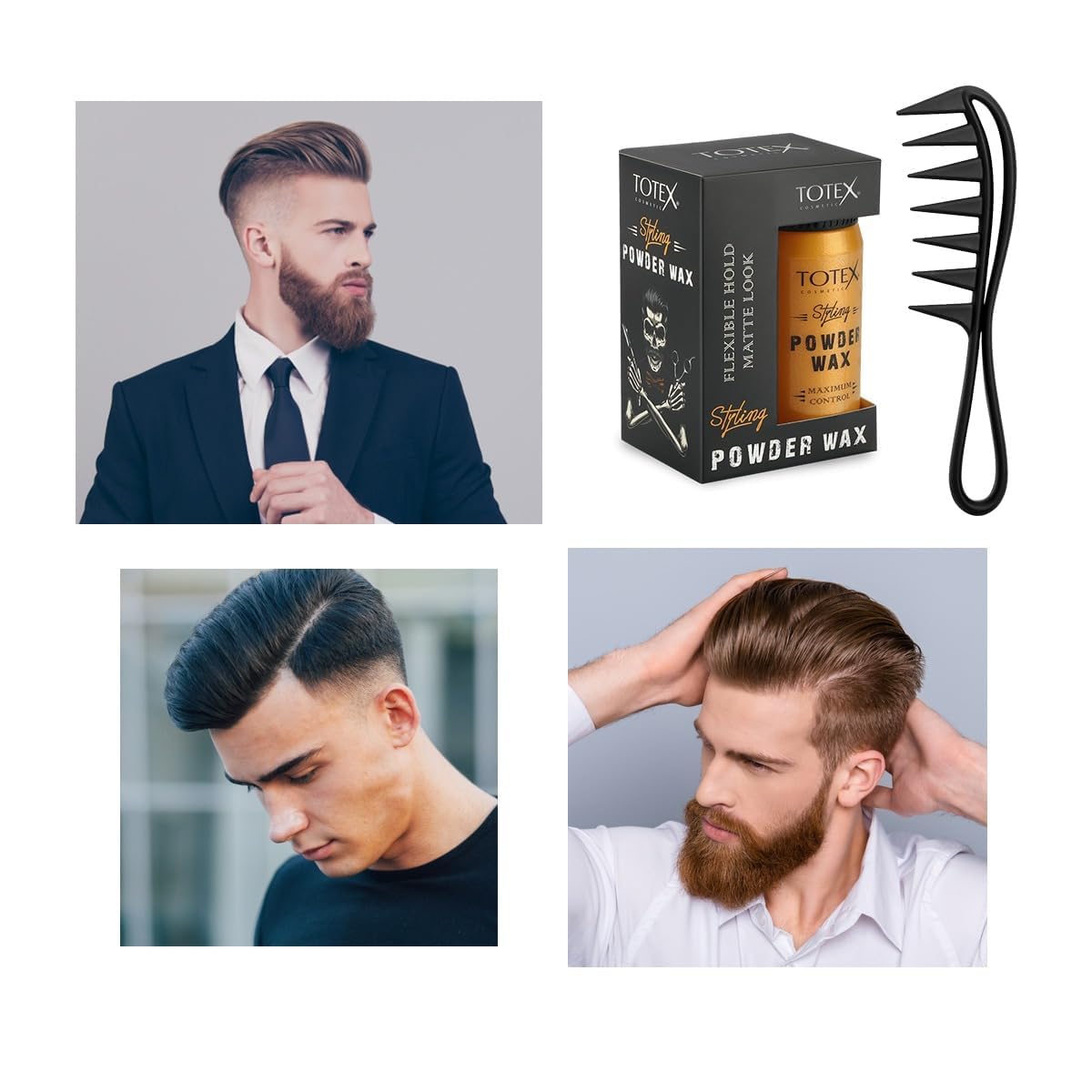 Totex Hair Styling Powder Wax 20g + Beard & Hair Styling Comb | Volumizing Texturising Dust Powder | Matt Look | Anti-Static Comb for Men & Women | Long Lasting Hold & Natural Finish