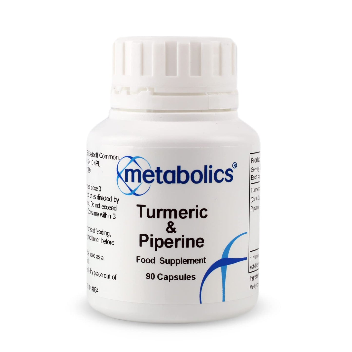 Metabolics Turmeric with Piperine- Pot of 90 Capsules- Highly Bio Available Source of Curcumin, Supported with Piperine (Black Pepper) to Improve Absorption