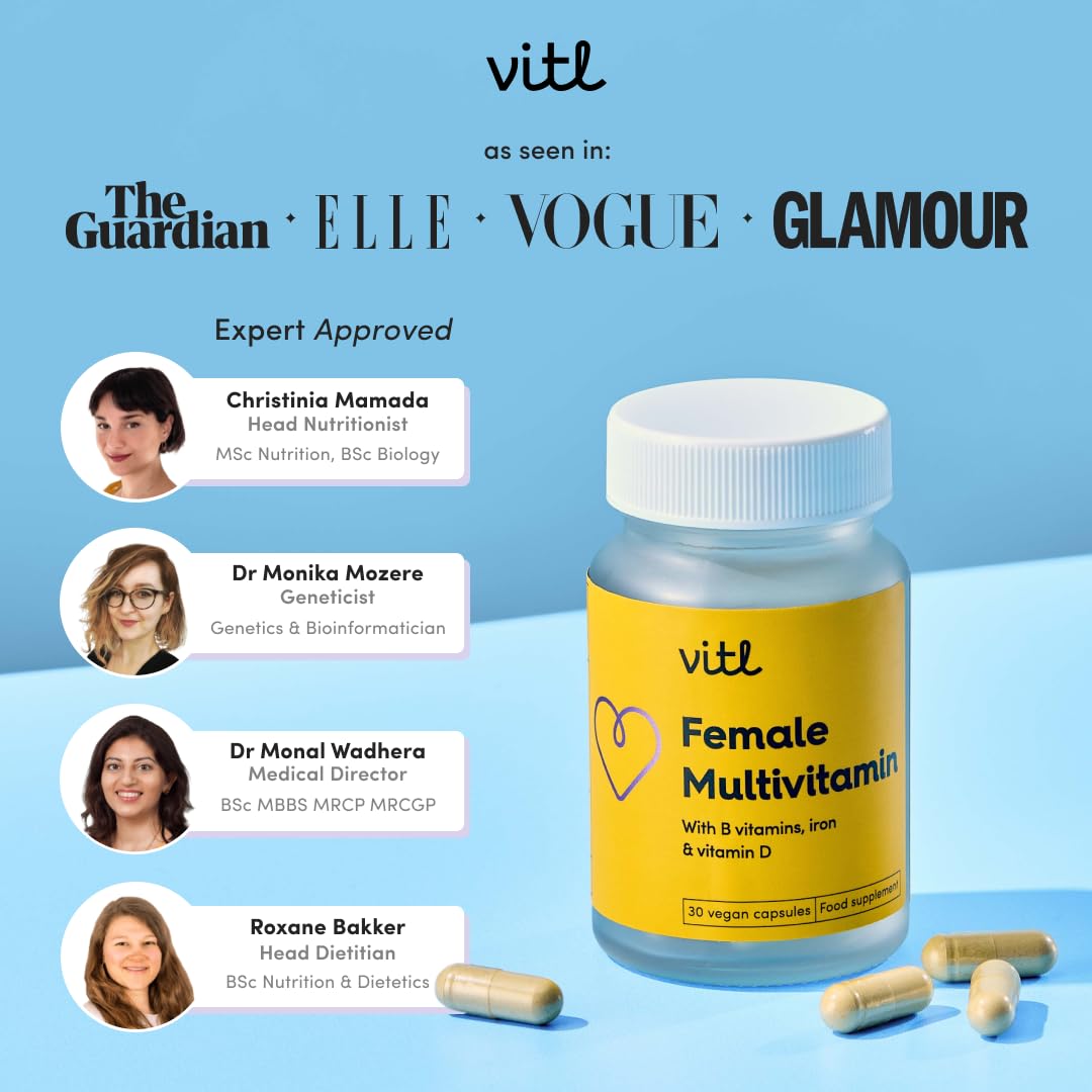 VITL Vitl Female Multivitamin & Minerals Supplement - 30 Vegan Capsules - 21 Essential Active Vitamins & Minerals - with Vitamin D3, Vitamin B, Vitamin C, Vitamin E, Folic Acid & Iron - 1 Month Supply