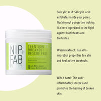 Nip+Fab Nip + Fab Teen Skin Fix Zero Breakout Rescue Face Pads with Salicylic Acid, Witch Hazel and Antioxidant Wasabi Extract, BHA Facial Pad for Cleansing Pores Prevent Breakouts Blemishes, 60 Count