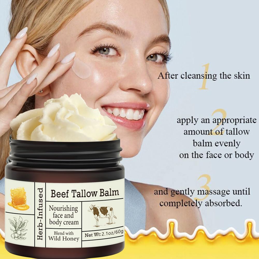 HOPHAT Beef Tallow Honey Balm - Beef Tallow for Skin, Deeply Nourishing Organic Grass Fed Tallow Balm, Beef Tallow Cream for Face & Body, Moisturizing Skin Care Cream for Dry Skin (Colour, A)