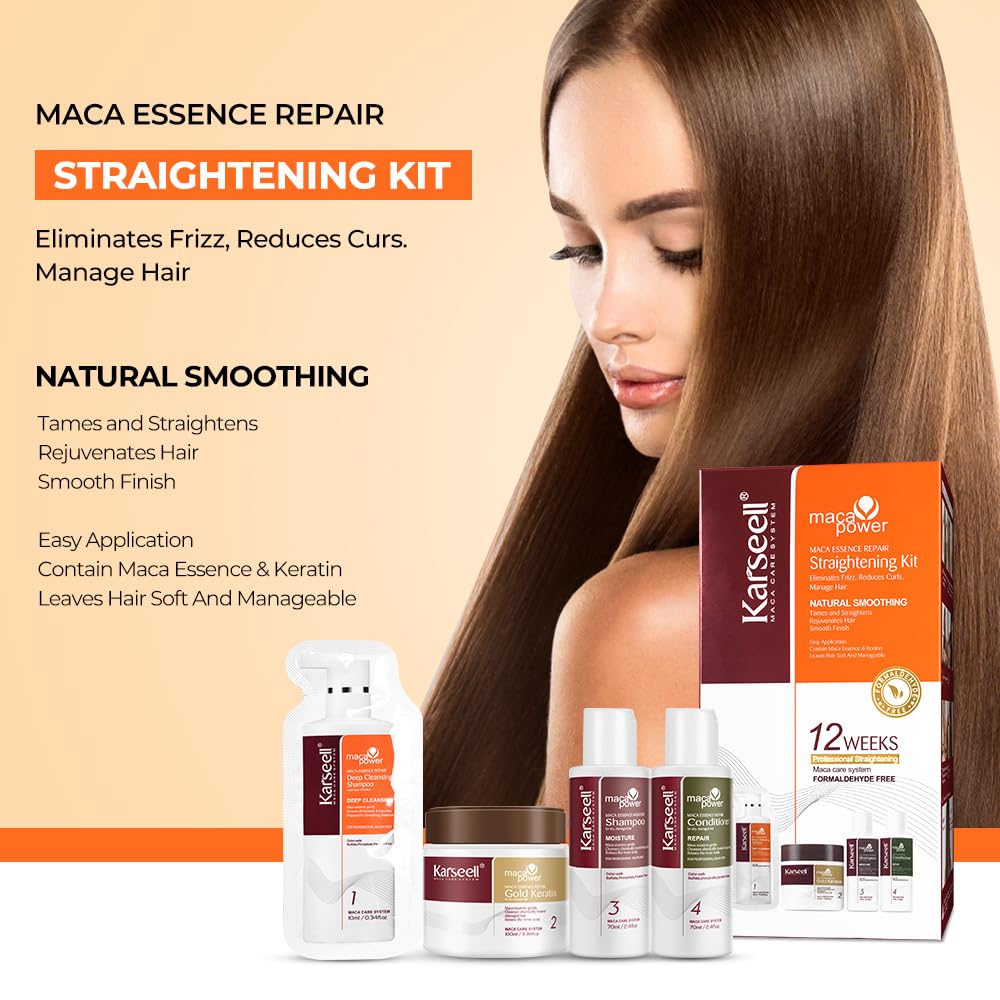 Karseell Maca Essence Keratin Hair Straightening Kit, 12 Weeks of Home Use Professional Straightening, Straighten and Smooth Hair, All Hair Types