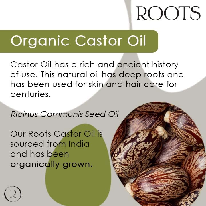 Roots Organic Castor Oil. Suitable for Vegans & Cruelty Free. Full of Essential Fatty acids with Anti-inflammatory Properties. Nourishes Skin and Promotes Healthy and Shiny Hair