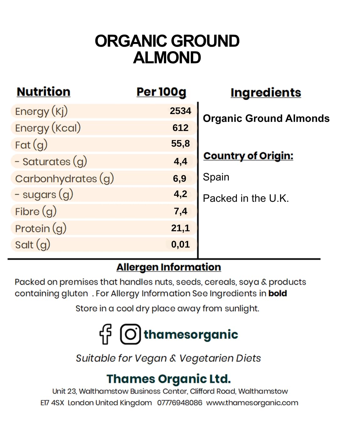 Organic Ground Almond- Raw, Unsalted, Non-GMO, No Additives, No Preservatives, Vegan - High in Protein, Healthy Fats, and Antioxidants - Perfect for Snacking, Baking, and Cooking - Thames Organic 250g