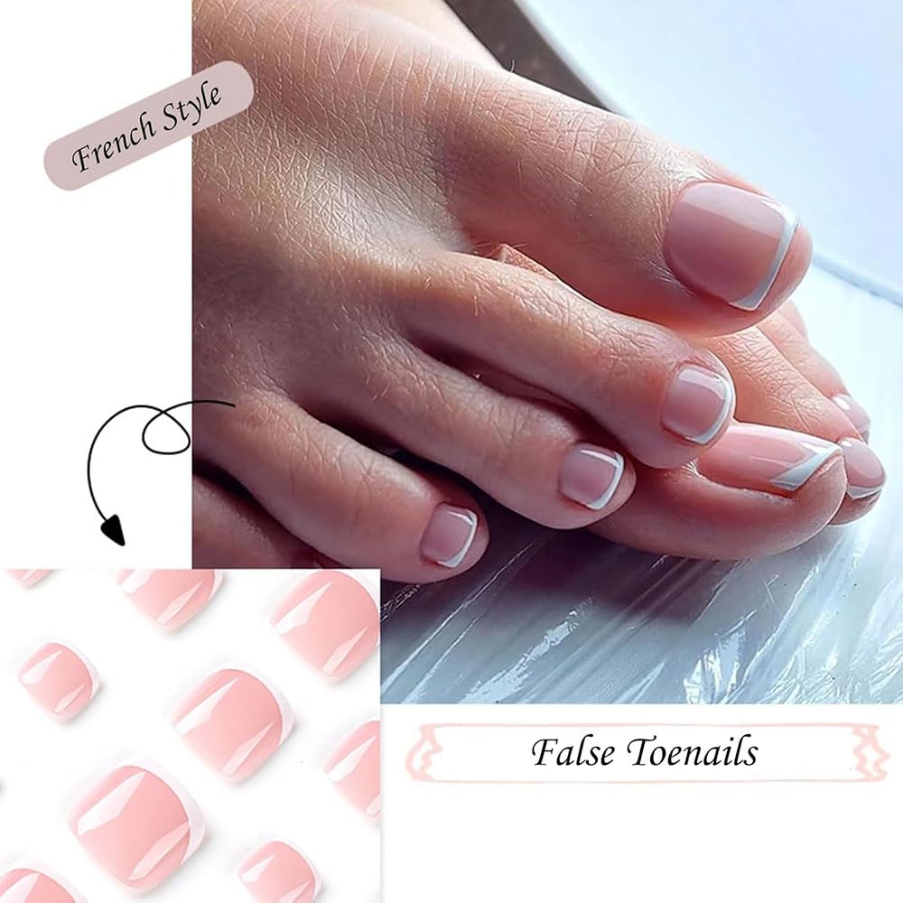 ZDHSOY 24Pcs French Tip Press on Toenails - Short Square Pink Fake Toe Nails/White French Tip False Toenails Acrylic Full Cover Press ons Toenails for Pedicure Decorations