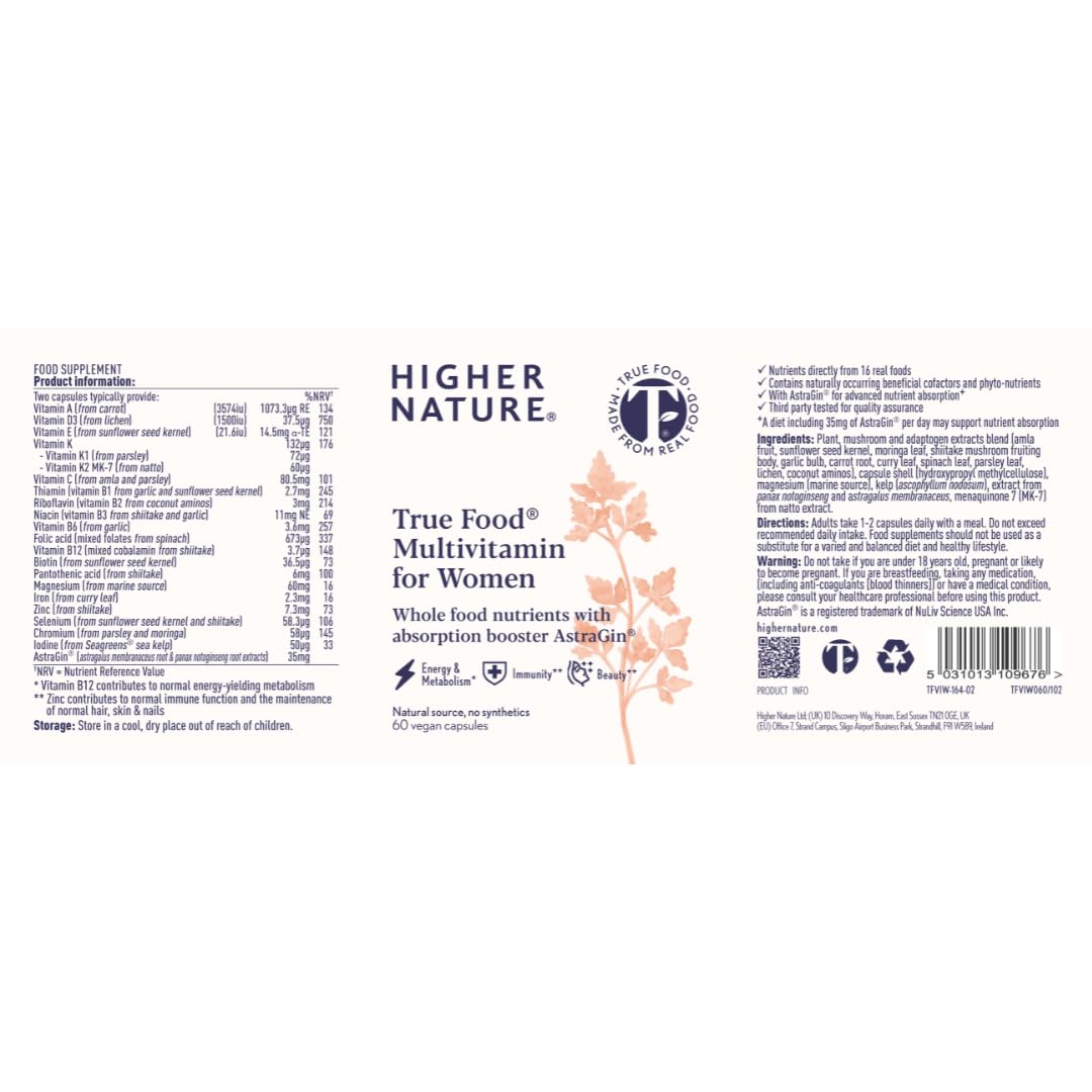 HIGHER NATURE Higher Nature Multivitamin for Women | Whole Food Multivitamin | 20 Essential Vitamins & Minerals | Vitamin C, D, K, B12, Iron, Zinc | True Food® Formula | UK Female Multivitamin | 60 Capsules