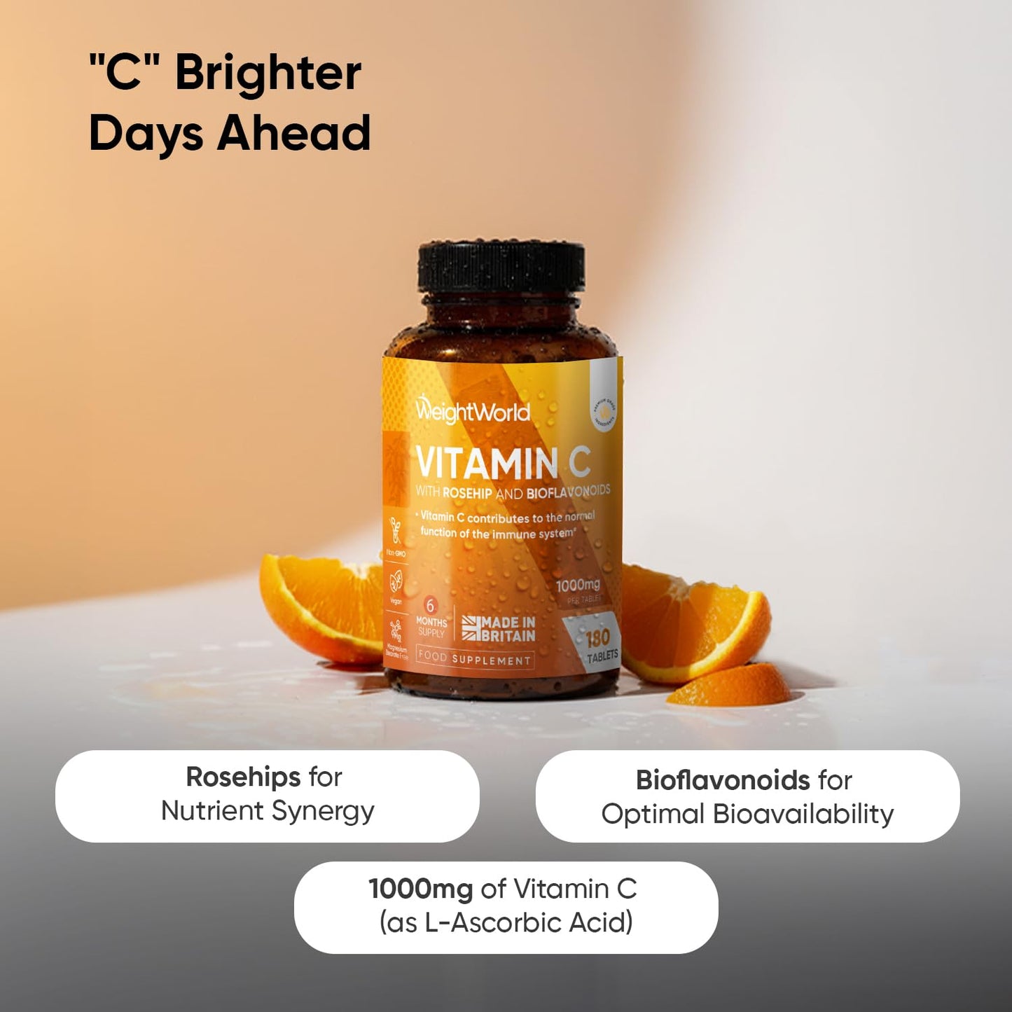 WeightWorld Vitamin C Tablets 1000mg - 180 Tablets - 6 Months Supply - Added Rosehips & Bioflavonoids - 1 per Day - Vegan & Non-GMO - VIT C Supplement (As L-Ascorbic Acid) - Easy-to-Break Pills - Made in the UK