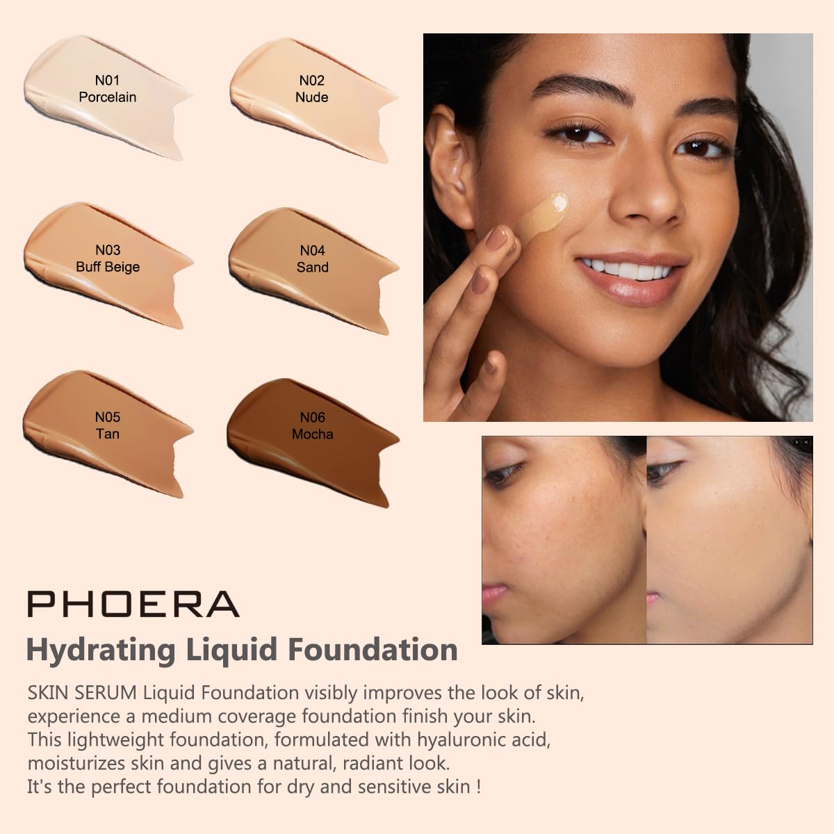 Phoera PHOERA Hydrating Serum Foundation, Hyaluronic Acid, Allantoin, Vitamin E, Tea Tree Oil Ideal For Dry And Sensitive Skin 12HR Skin Hydration, Medium Coverage, (MOCHA, 30ml)
