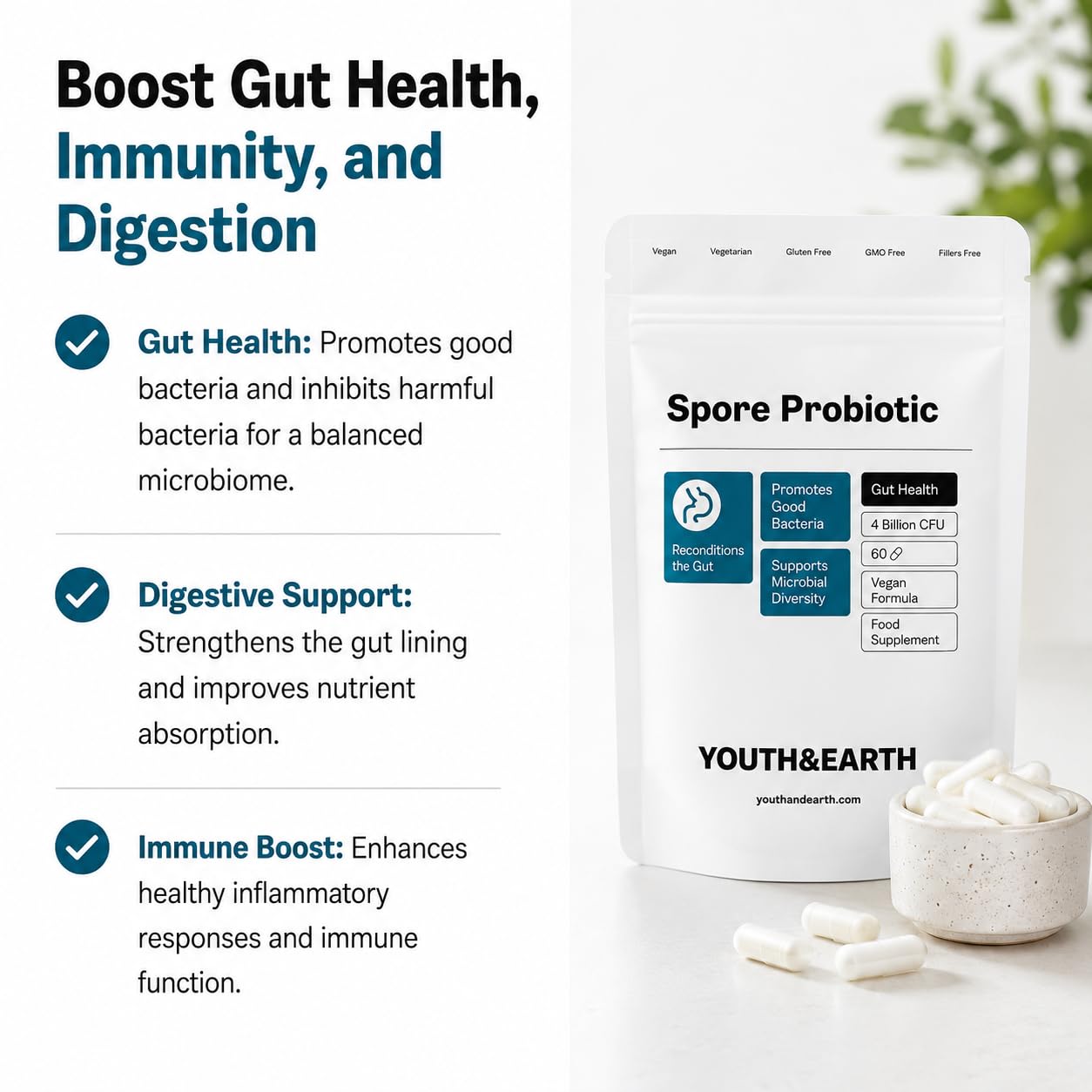 Youth & Earth Spore Probiotics 4 Billion CFU 60 Capsules