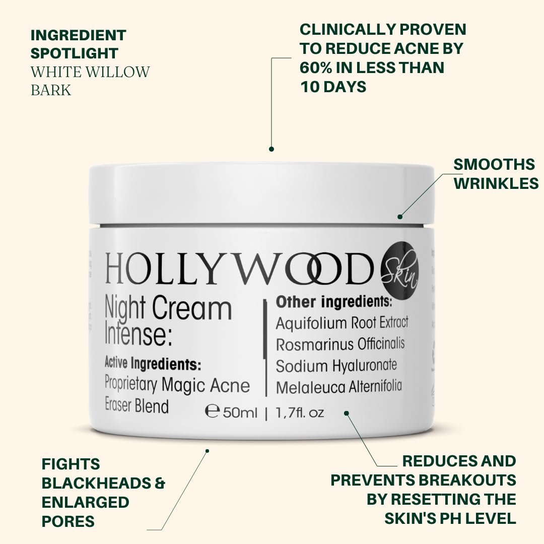 hollywoodskin Organic Salicylic acne cream. 4X STRONGER, 11X FASTER! Patented technology features Hyaluronic Acid (5%), Vitamins A and C + Tea Tree Oil. Target Blemishes. 50ml