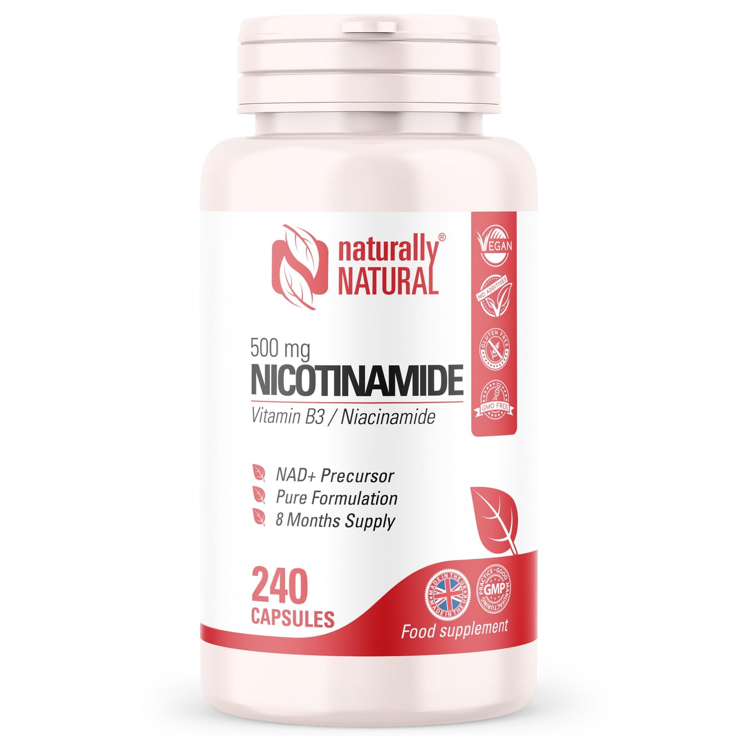Vitamin B3 Nicotinamide 500mg | 240 Vegan Capsules | 8 Months Supply | Pure No Flush Niacin | High Strength Niacin as Niacinamide Supplement | NAD Precursor Supplement | UK Made by Naturally Natural