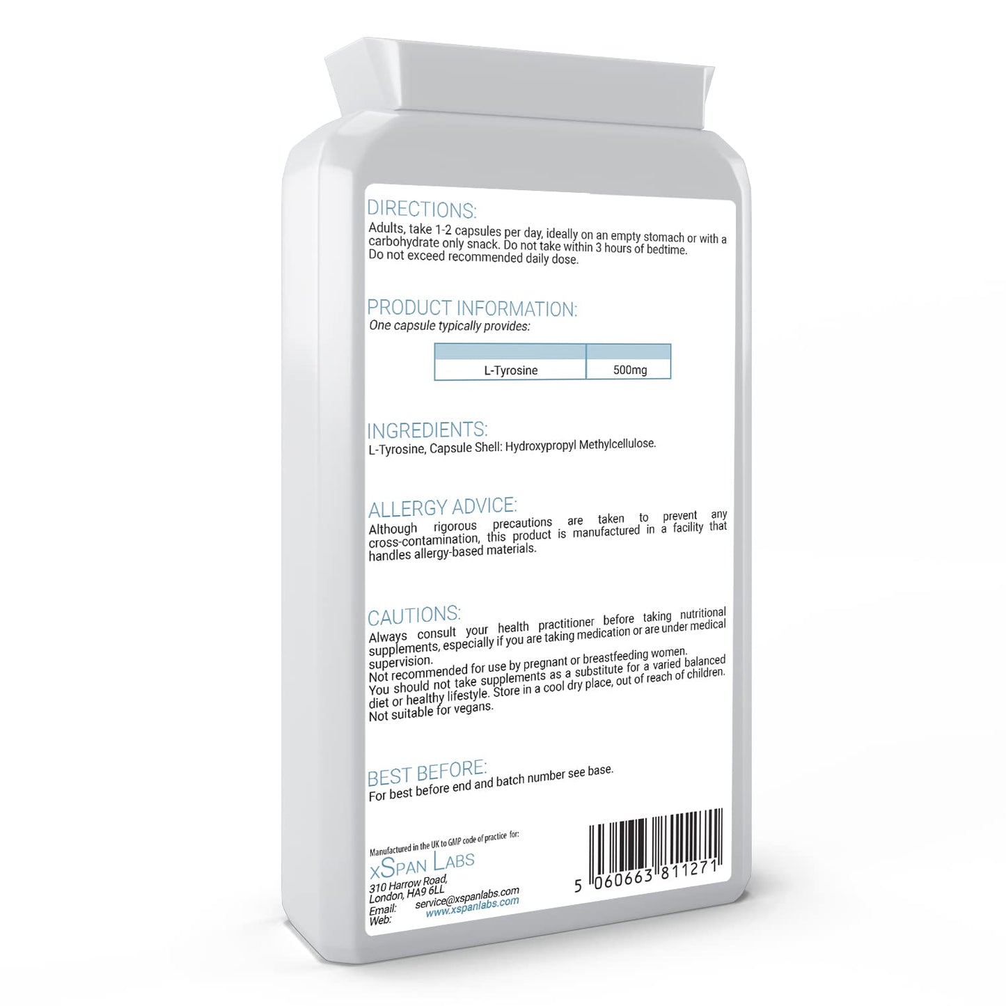 Xspan Labs L-Tyrosine 500mg 120 Capsules - Pure Amino Acid with No Fillers, No Binders or Flow Agents – Nutritional Supplement Suitable for Vegetarians - Made in The UK