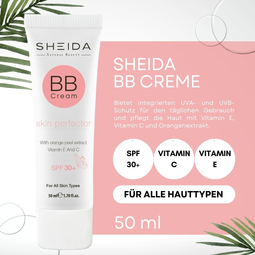 SHEIDA BB Creme, Tinted Day Cream with SPF 30+, 24h Moisture and Skin Optimiser for an Even Complexion, Enriched with Vitamin E & C. Multifunctional Care with Sun Protection (Medium, One Size)