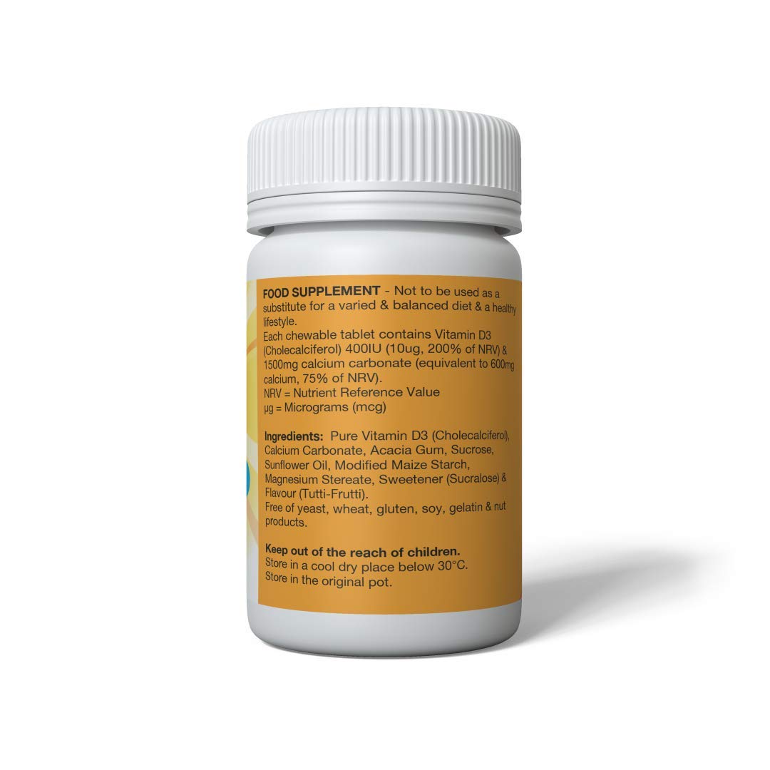 SunVit-D3 Vitamin D3 400IU with Added 600mg Calcium Tutti Frutti Tablets - Calcium and Vitamin D Tablets Support The Maintenance of Bone, Teeth, Muscle & Immune System - 60 Chewable Calcium Tablets