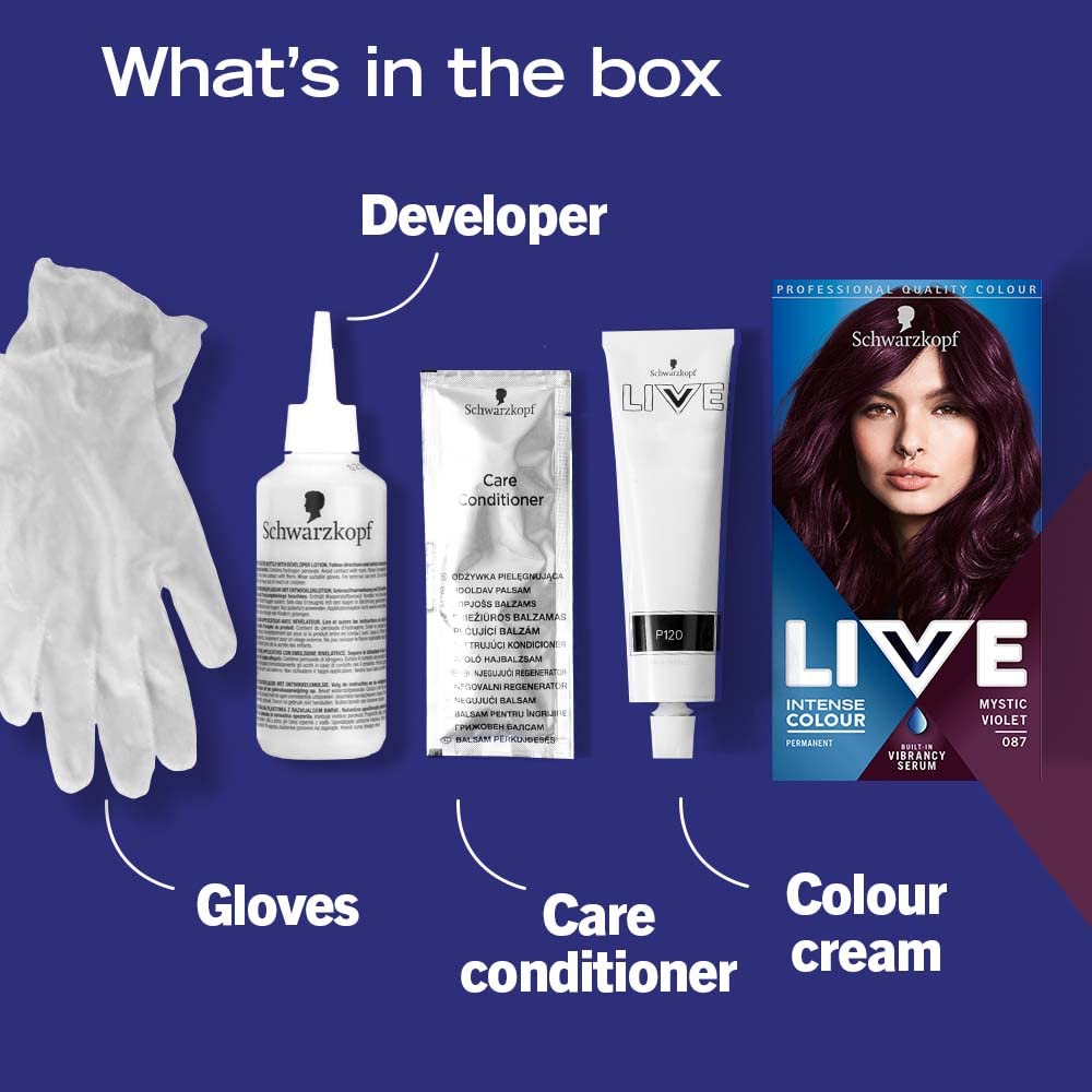 Schwarzkopf LIVE Intense Colour, Long Lasting Permanent Purple Hair Dye, With Built-In Vibrancy Serum, Up To 70% Grey Coverage, Mystic Violet 087
