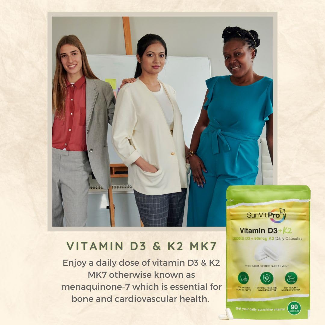 SunVit-Pro Sunvit-Pro Vitamin D 2000iu and Vitamin K2 MK7 90mcg Capsules - Vitamin D3 k2 High Strength Vegetarian and UK Manufactured - Support the Maintenance of Bone, Teeth, Muscle & Immune System, 90 Capsules