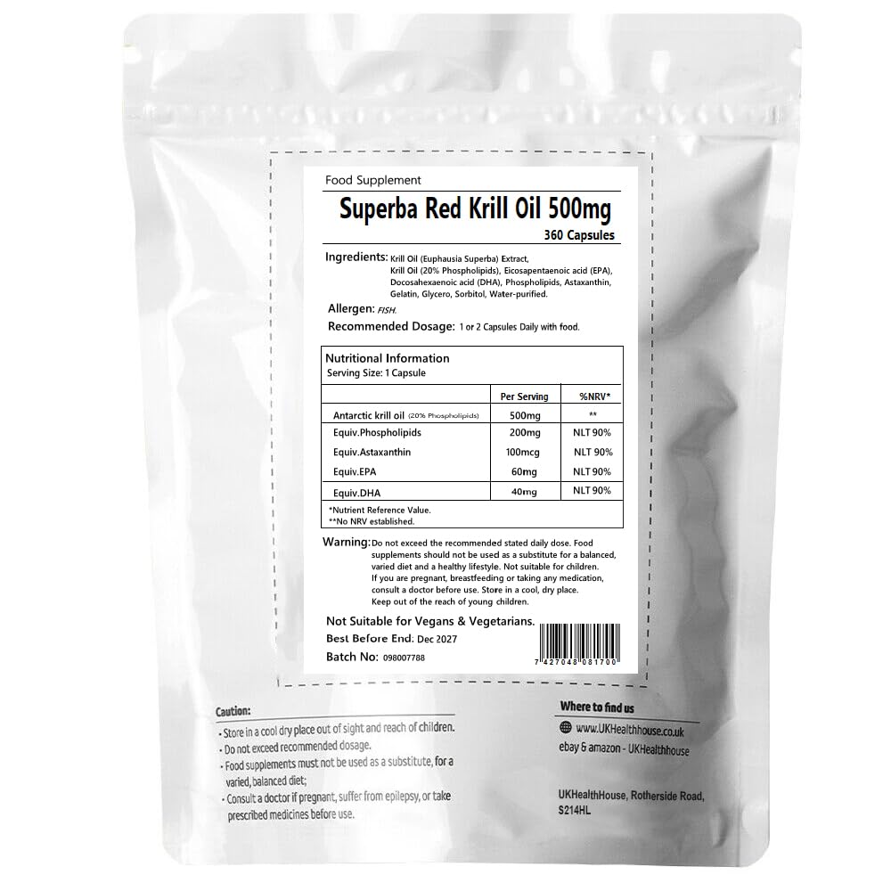 UKHealthHouse Premium - Superba Pure Red Krill Oil Capsules - 500mg x 360 - Extra High Strength