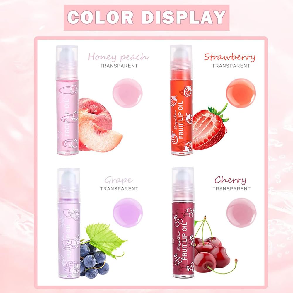Mornery Lip Oil Set - Roll-On Lip Gloss Set/Fruity Flavors Lip Balm Liquid Lipstick/Moisturizing Lip Glow Oil Lip Care For Girls Women
