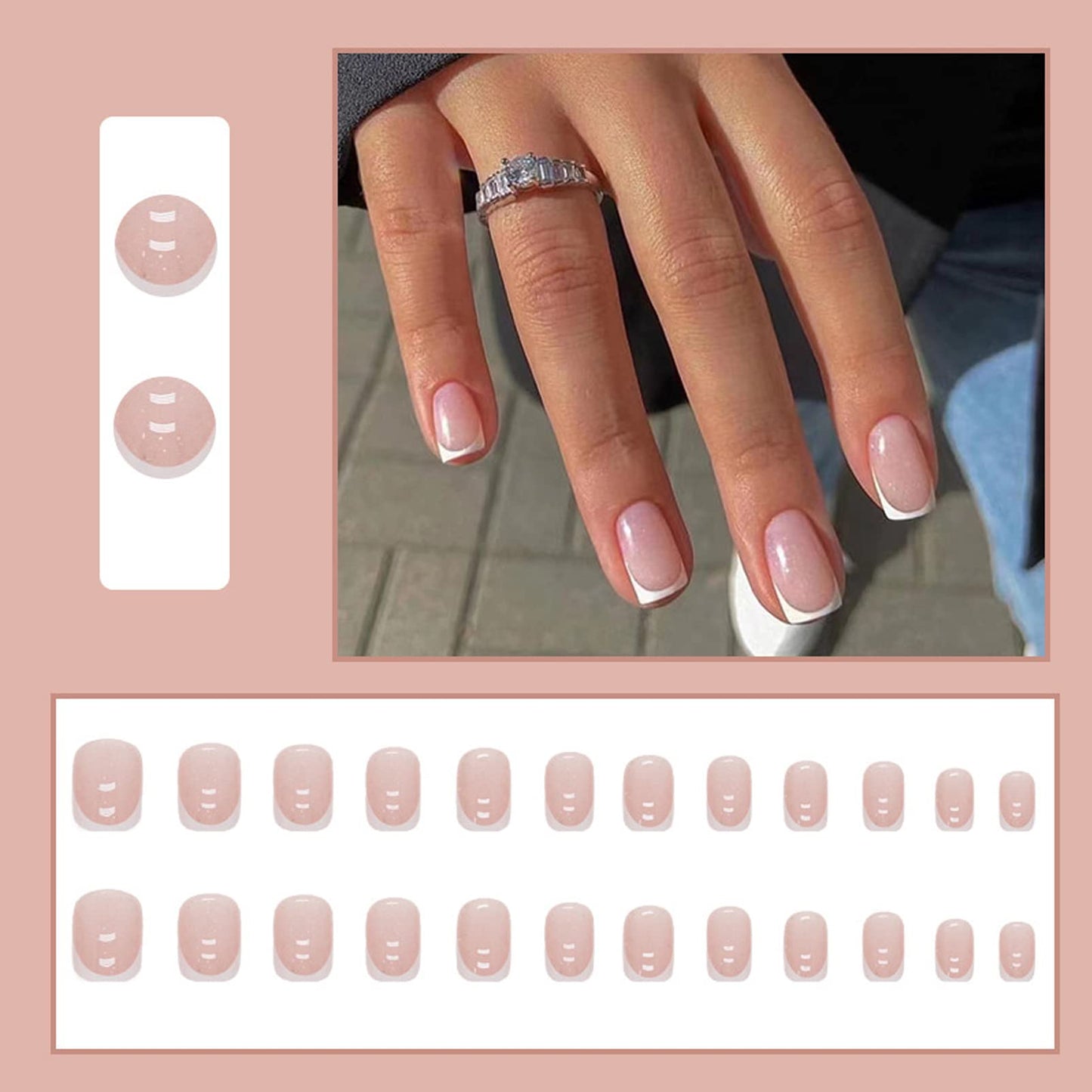 DMQ French False Nails Short, 24Pcs White French Fake Nails, Square Press on Nails Pattern, Glitter French Nail Tips with Nail Glue, Squoval Stick on Nails for Women Girls Nails Art (Glitter)