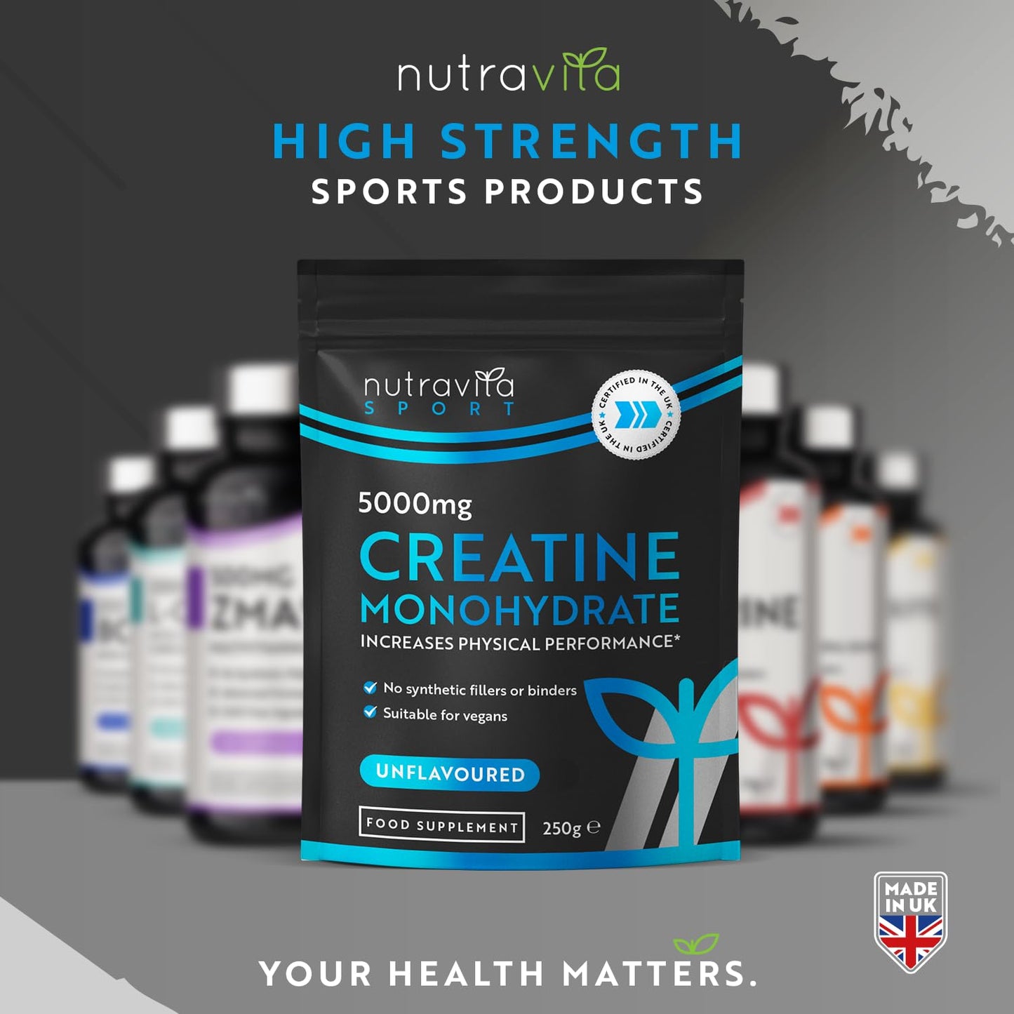 Creatine Monohydrate Powder 5000mg - Micronised for Easy Mixing - For Recovery and Performance - Men and Women Exercise Supplement - 50 Servings - Unflavoured 250g Powder - Made in The UK by Nutravita