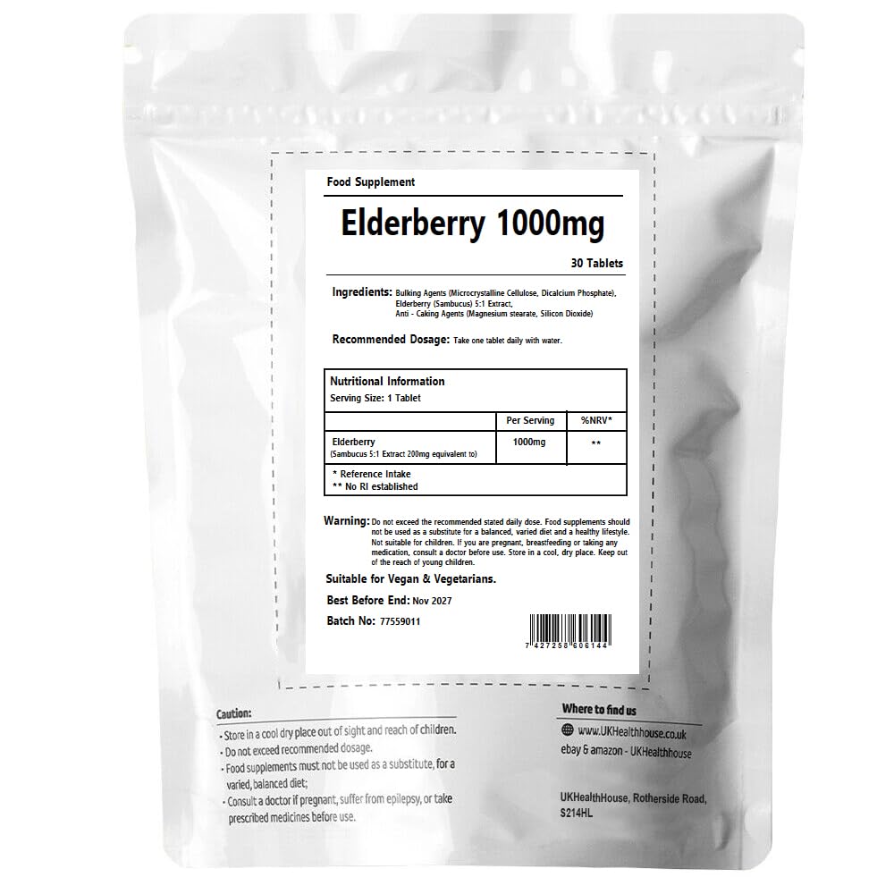 UKHealthHouse Elderberry Sambucus 5:1 Extract 1,000mg x 30 Tablets General Wellbeing Support Herbal Supplements for Men & Women Vegan Pills Tablet not Capsules