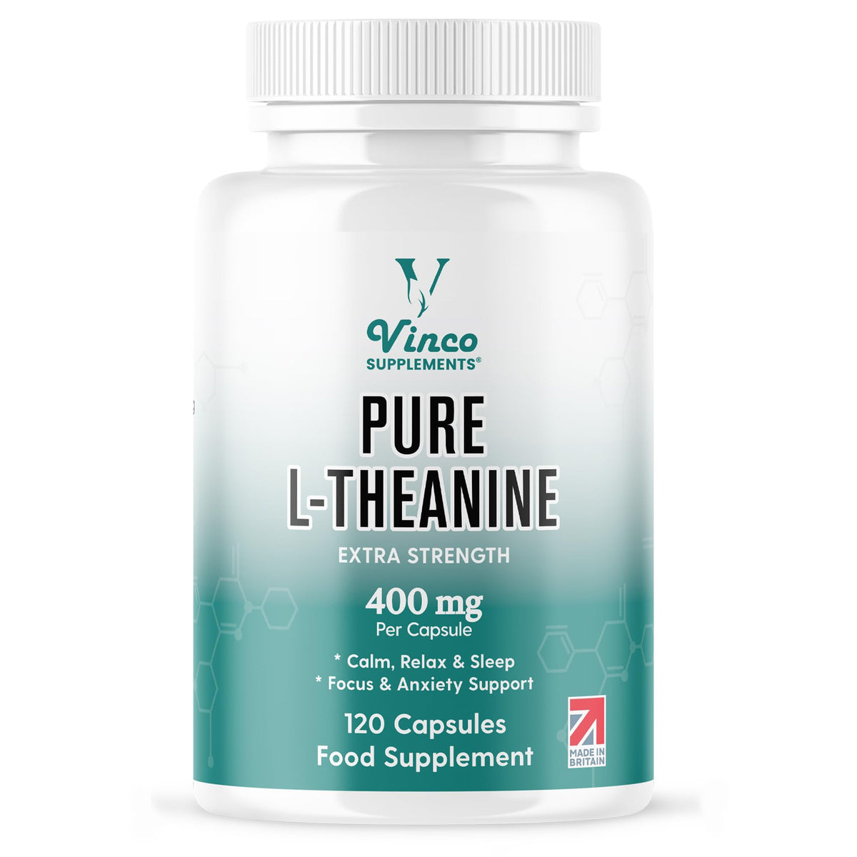 Vinco Supplements Vinco L-Theanine Supplement - 400mg x 120 High Strength L Theanine Capsules - 99%+ Purity - Supports Sleep & Relaxation - Non-GMO & Gluten Free - Made in The UK