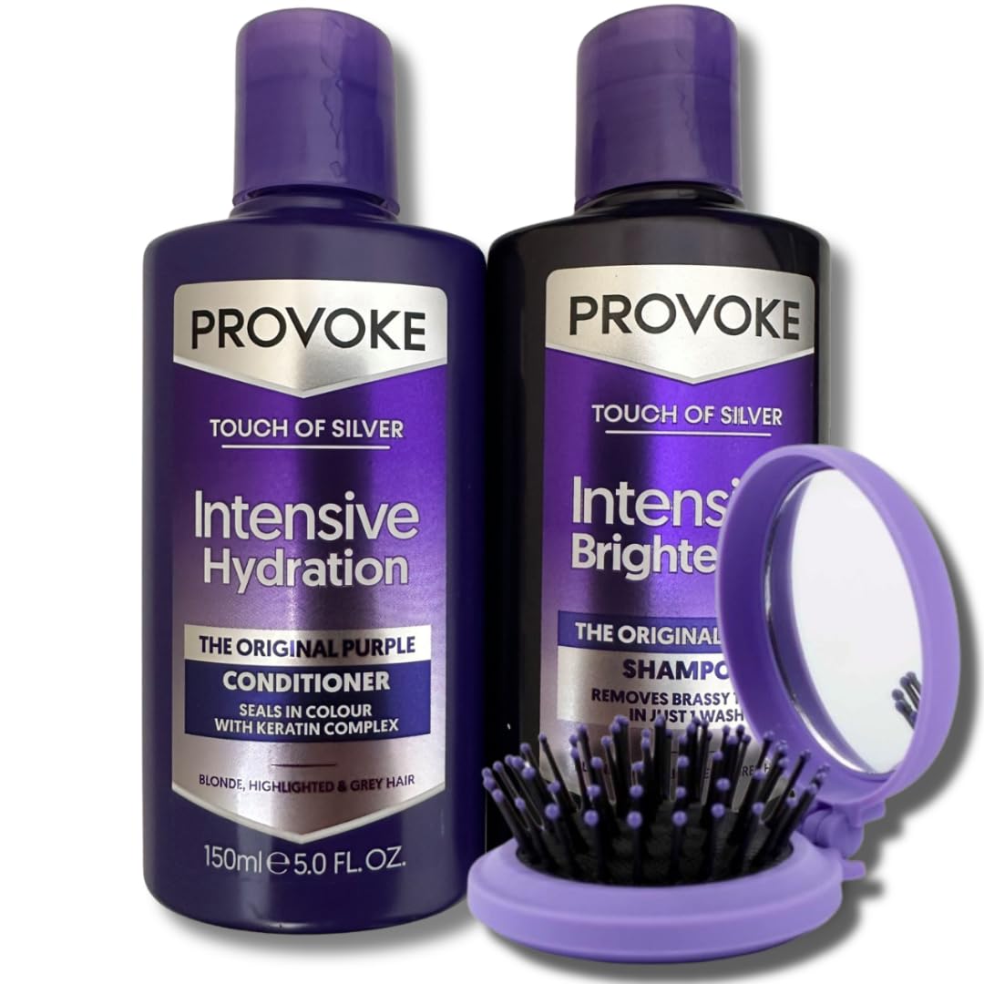 BVO Luxe Provoke Touch Of Silver Purple Shampoo & Conditioner Set (150ml x2) with Travel Brush – Brightens Blonde, Silver & Grey Hair Shampoo & Keratin Repair Conditioner for Brassiness