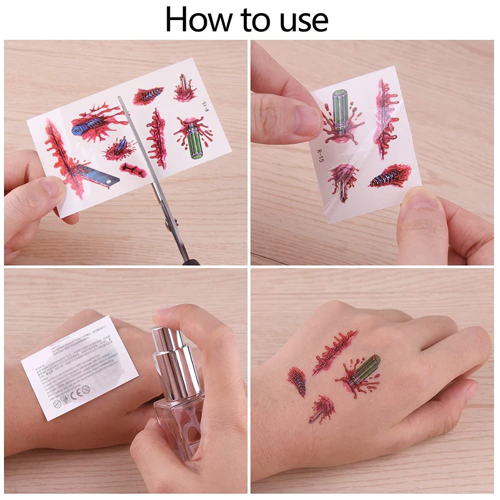 HUPOO 30 Sheets 3D Halloween Temporary Makeup Tattoos Fake Scars Bloody Scar Waterproof Blood Sticker Realistic Wound Horror Body Face Decals Prank Props for Cosplay Party Supplies Props, 5.7*9.7CM